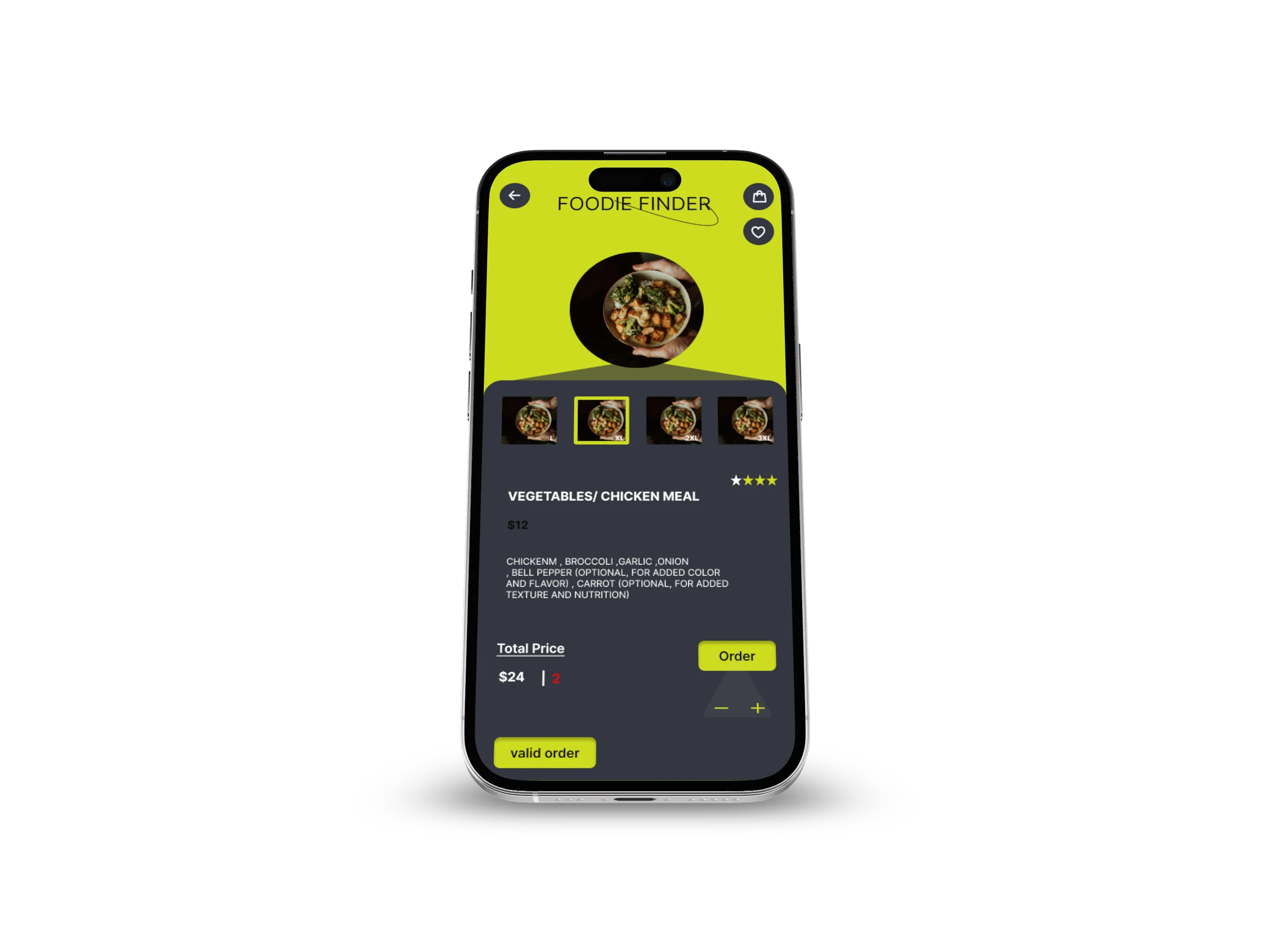 Foodie Finder mobile meal detail and order screen with quantity and price controls