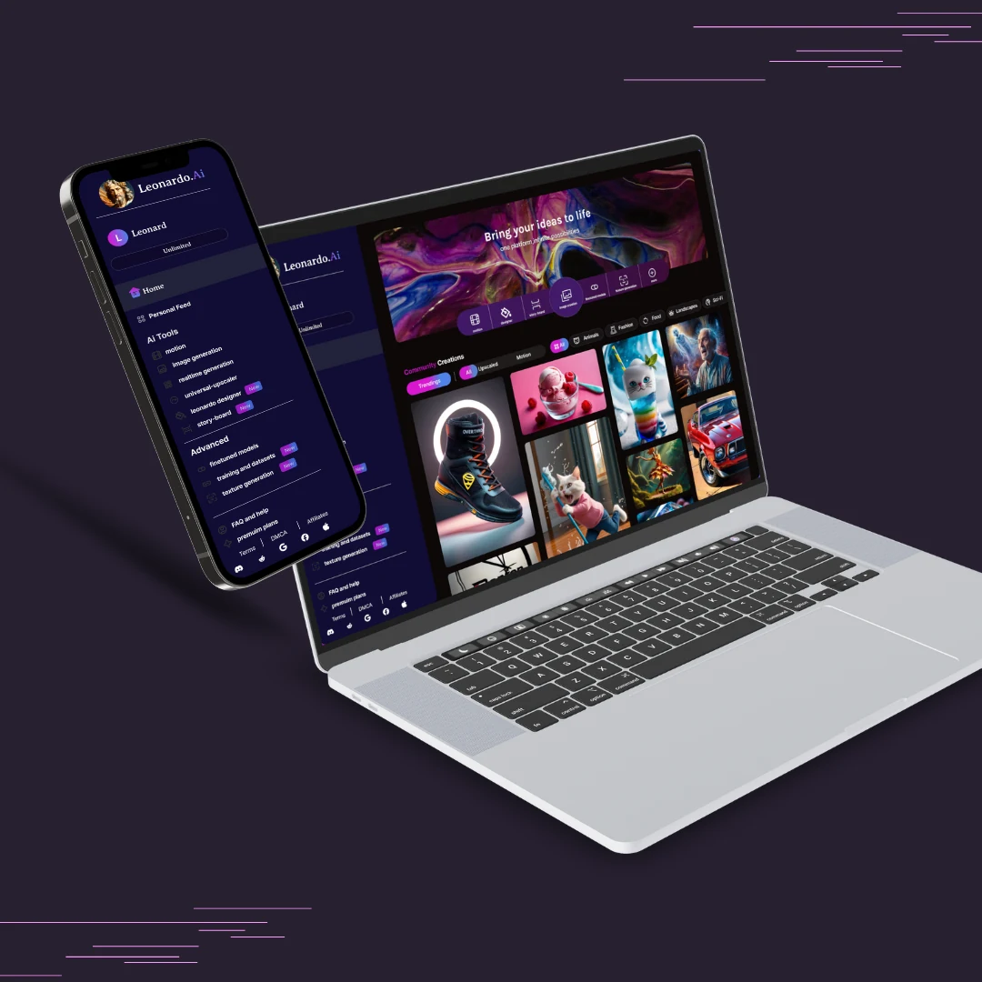 Leonardo.Ai-branded interface shown on desktop and mobile devices