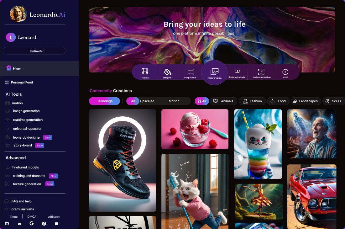 Leonardo.Ai-branded home and community-feed interface screenshot