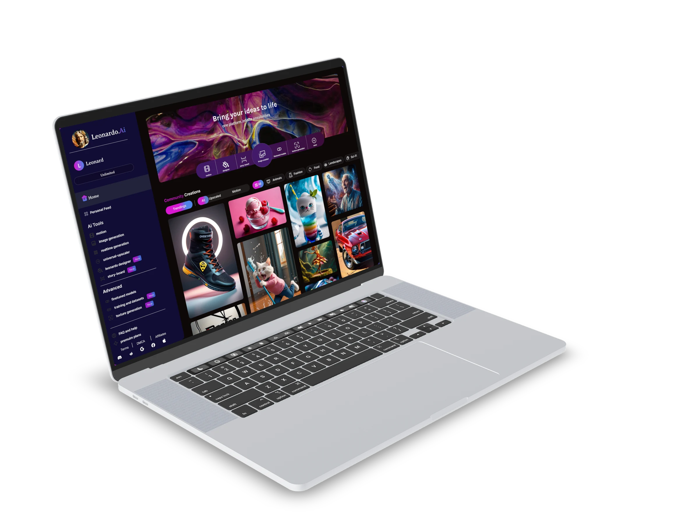 Leonardo.Ai-branded interface presented on a laptop mockup