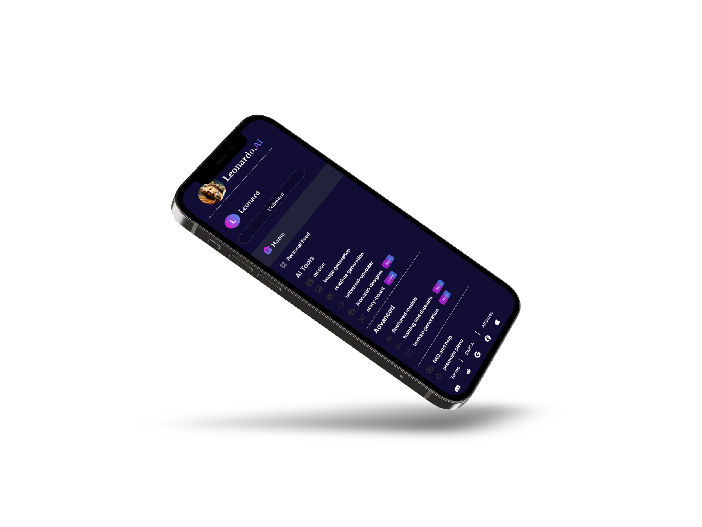 Leonardo.Ai-branded interface presented inside a phone mockup